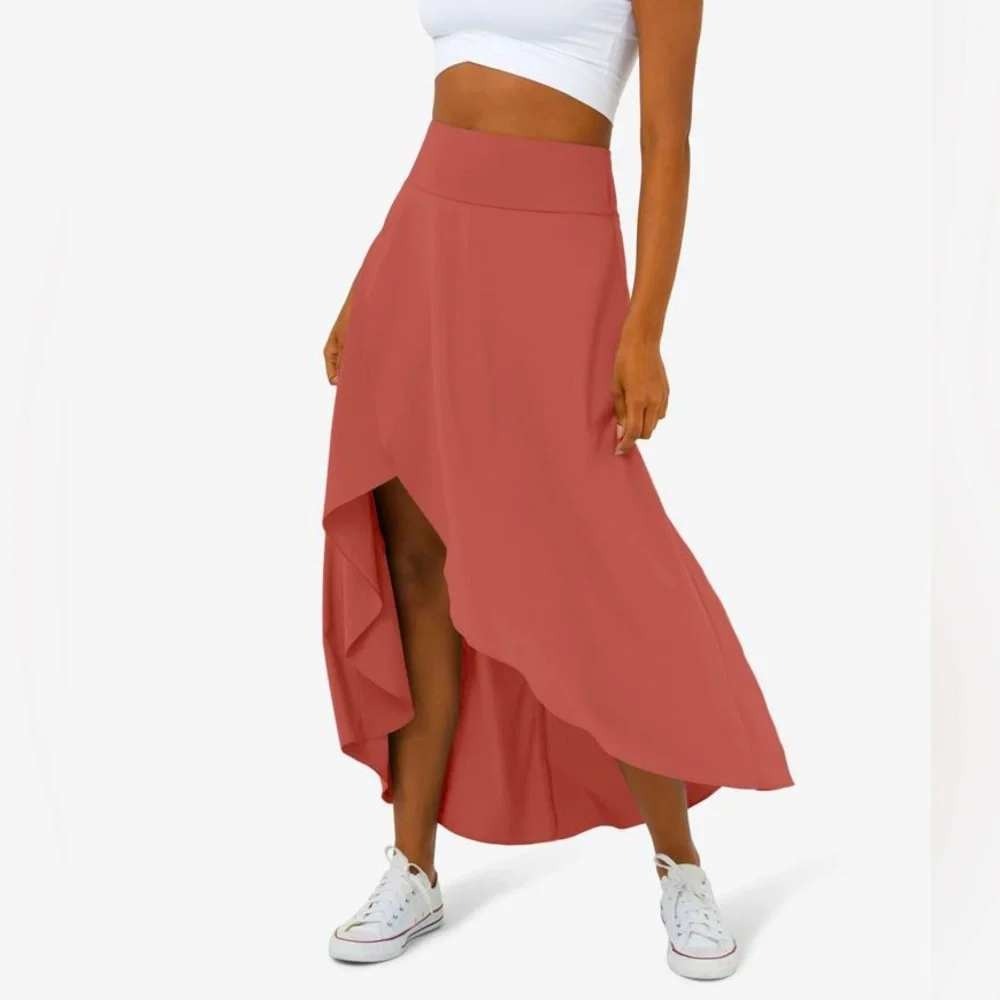 High Low Tulip Hem Maxi Skirt with Built-in Shorts Pink Red Small active